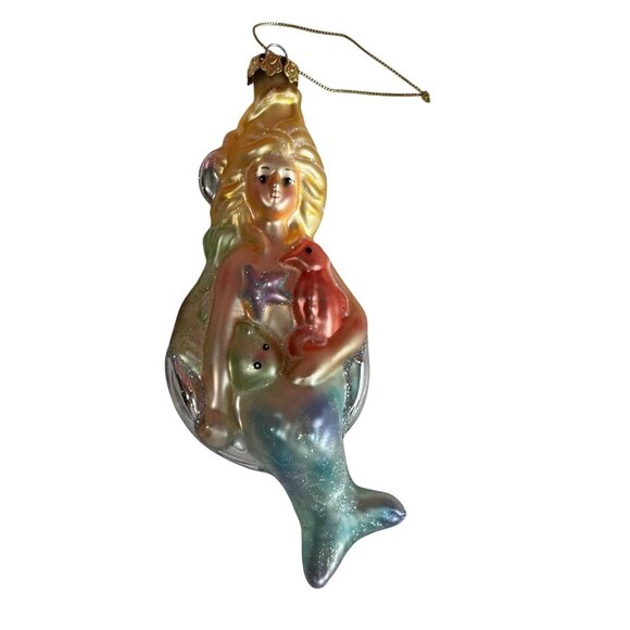 Title:  Mermaid With Seahorse & Starfish Iridescent Blown Glass Ornament 6½" - Picture 5 of 5